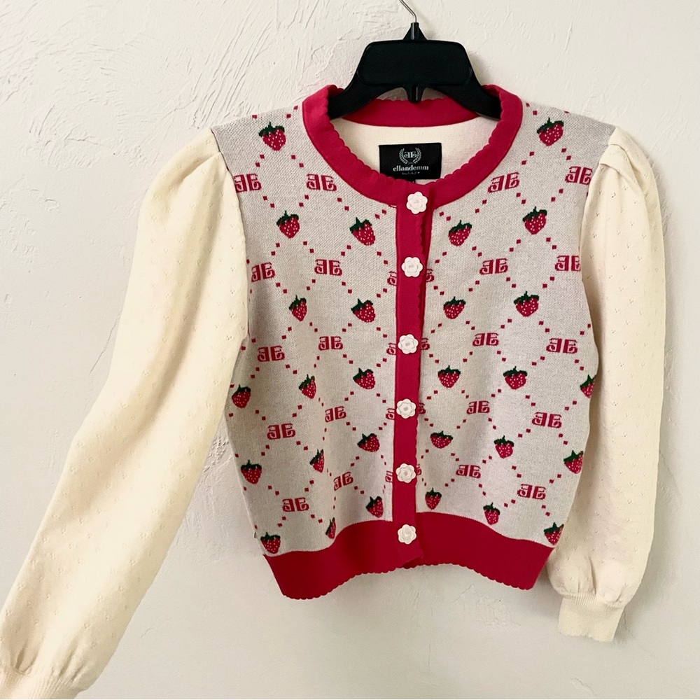 EllandEmm NWOT Strawberry Monogram Cardigan in Cream and Red, Size S/M - Picture 3 of 14